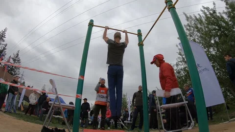 City pull-up competitions on the crossbar, timelapse, public open Stock Footage 109100629