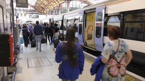 City railway station. Passengers go on the platform. Stock Footage