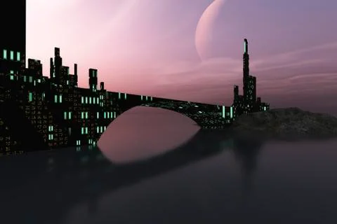 A city is reflected in calm waters on another world out in the galaxy. Ilustración de archivo