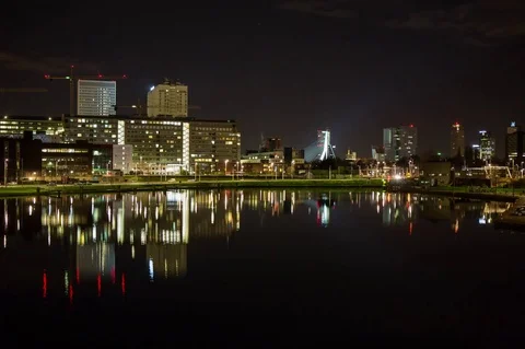 City reflection in waterside timelapse Stock Footage 72623437