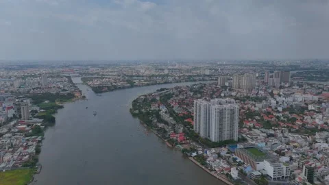 City with a river running through it Stock Footage 327575080