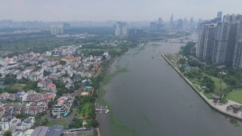 City with a river running through it Stock Footage 327575099