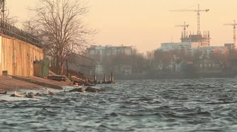 City riverside at sunset Stock Footage 10862192