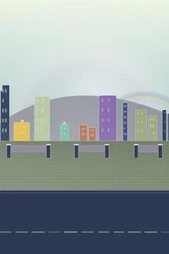 City road backdrop with, worn dashed lines, and horizontal-slat fence イラスト素材