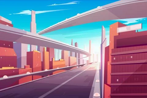 City road, empty speed two-lane highway, bridge Ilustración de archivo
