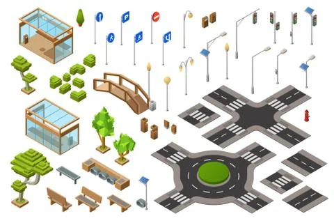 City road isometric 3D vector illustration of traffic light and direction signs Stock Illustration