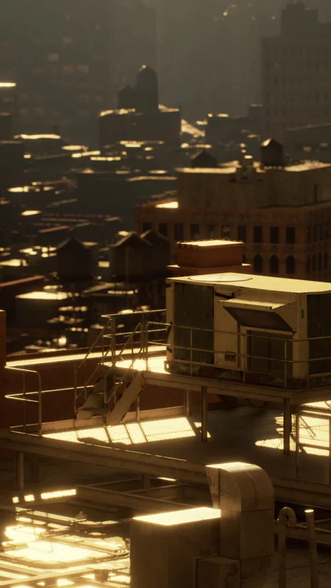 City rooftop with cooling unit during sunset on a clear day Stock Footage 337935974