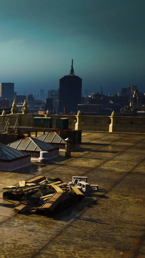 City rooftop view with buildings in the background at sunset Stock Footage 342172031
