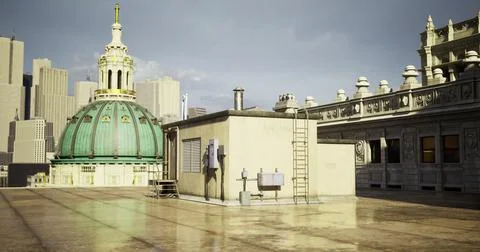 City rooftop view showcasing architecture and skyline under clear sky 스톡 일러스트