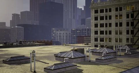 City rooftops with modern architecture under soft sunlight in urban setting Stock Illustration