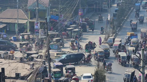 City Roundabout Bird Eye View Busy Intersection Auto Rickshaws Motorbikes SUV Stock Footage 336413471