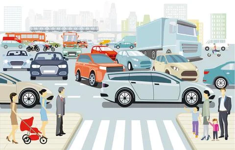 City in rush hour with an intersection in traffic jam llustration Stock Illustration