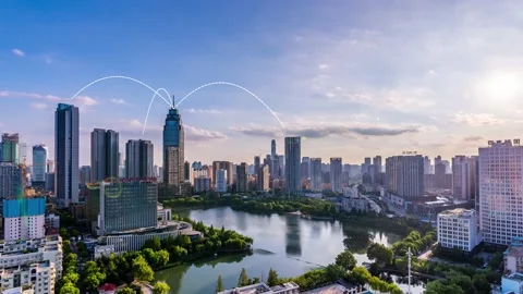 City scape with connecting dots for networking and communication Stock Footage 131638331