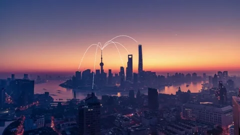 City scape with connecting dots for networking and communication Stockbeeldmateriaal 131638568