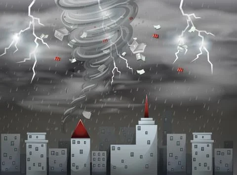 City scape tornado and storm scene Stock Illustration