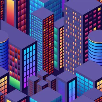 City seamless pattern view with isometric perspective and vibrant neon colors Stock Illustration
