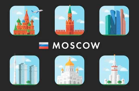 City sights of Moscow, Russia. Flat icon set Stock Illustration