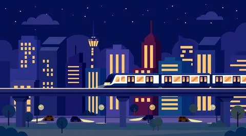 City sky train at night Stock Illustration