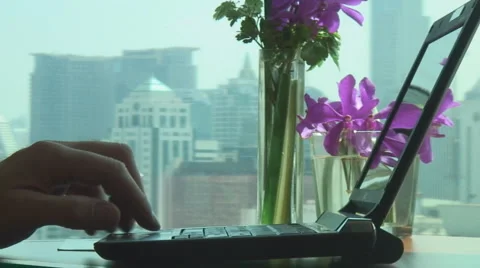 City skyline behind hands using laptop Stock Footage 1085217