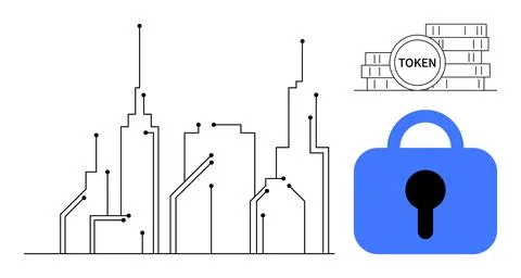 City skyline with circuit design, stack of tokens labelled TOKEN, and blue pa イラスト素材
