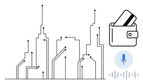 City skyline with circuit patterns, smart wallet holding a credit card, and a Stock Illustration