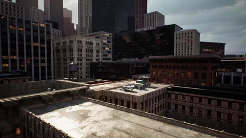 City skyline at dusk with dramatic clouds over urban rooftops in downtown area Stock Footage 327387341