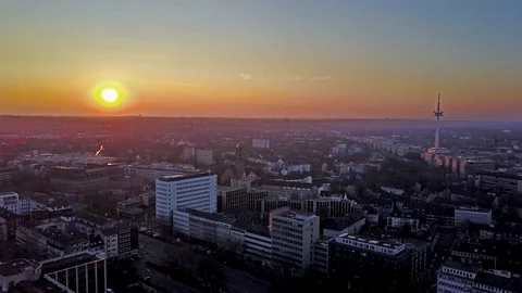 The city skyline of Essen during sunset, aerial - Germany Stock Footage 87182513