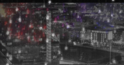 City skyline fading into focus while binary digits drifting down, forming Stock Footage 311605004