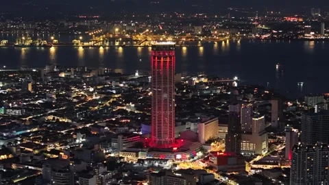City skyline with KOMTAR building lit up in red Видео 318261253