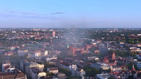 City skyline with large fire smoke plume rising. Best aerial view drone Stock Footage 345337284