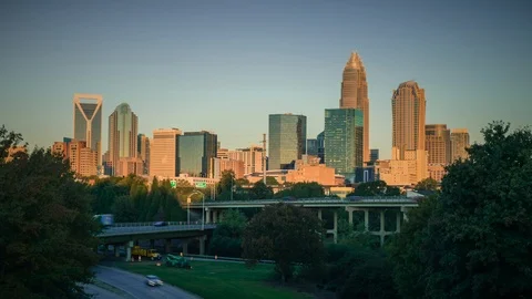 City Skyline Morning Timelapse of Charlotte North Carolina Stock Footage