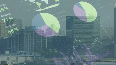 City skyline staying static while live data feed starting animated charts Stock Footage 333397058