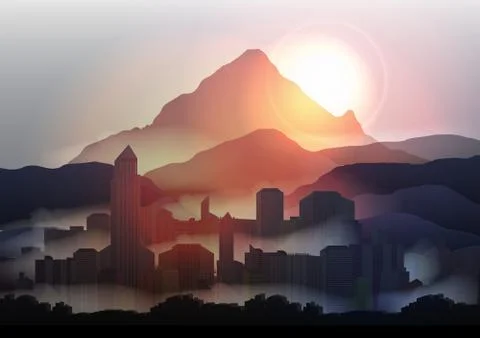 City Skyline at Sunset in the Mountains - Vector Illustration Illustrazione stock