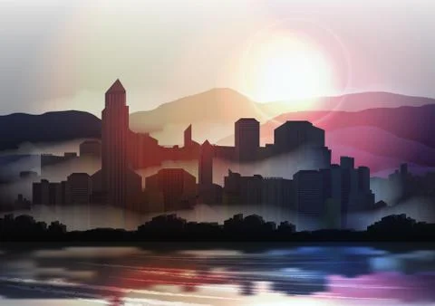 City Skyline at Sunset in the Mountains - Vector Illustration Illustrazione stock