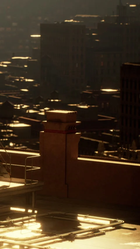 City skyline at sunset viewed from a rooftop with warm light reflecting Stock Footage 338375516