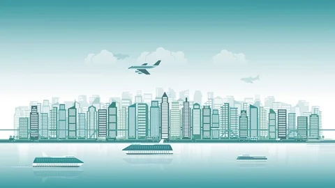 City skyline with traffic in flat style, cityscape, seamless loop Stock Footage