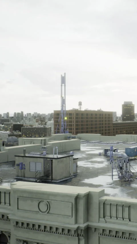 City skyline view with industrial elements and distant towers in soft light Stock Footage 334244666