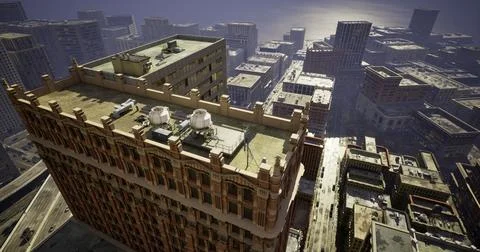 City skyline view from rooftop at dawn with urban landscape and buildings Ilustración de archivo
