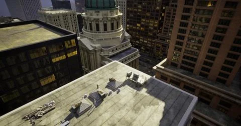 City skyline view from rooftop during twilight with towering buildings and do Ilustración de archivo
