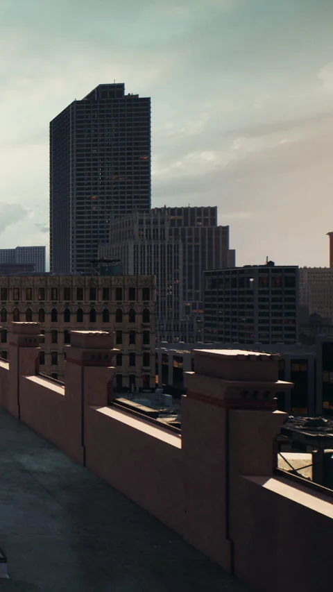 City skyline view from rooftop at sunset with buildings and structures Stock Footage 337971408