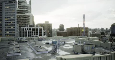 City skyline view with rooftops and buildings during sunset in urban area Ilustración de archivo