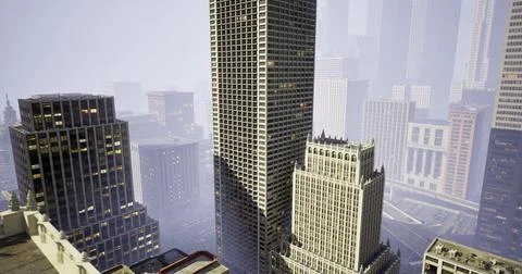 City skyline viewed from rooftop during early morning fog with tall buildings Ilustração Stock