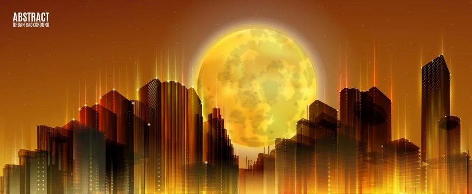 City Skylines with full moon. Orange night background. Panorama width Illustrazione stock
