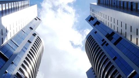 City skyscraper building low angle pov. Clouds moving fast above blue sky. Stock Footage 121221543