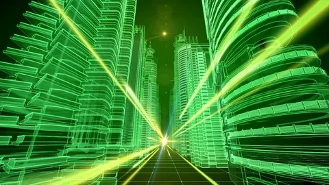 City Skyscrapers and digital network. Futuristic looking financial district. Stock Footage 80944997