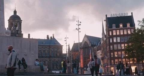 City Square in Amsterdam with Clock Tower and People Stock Footage 346460980