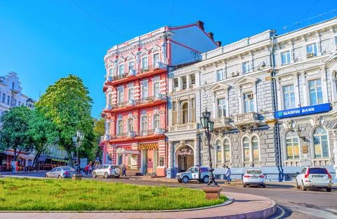 The city square with historic edifices, on May 18 in Odessa, Ukraine Stock Photos
