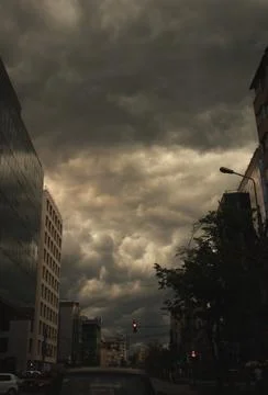 City storm, traffic, dramatic clouds as background Stock Photos