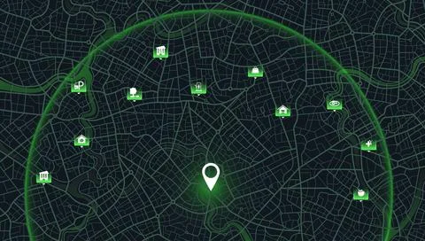City street plan featuring central location pin surrounded by green radar Stock Illustration