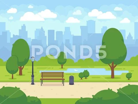 City summer park with green trees bench, walkway and lantern. Cartoon vector Stock Illustration